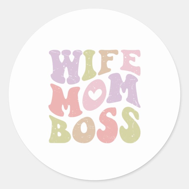 Wife Mom Boss Retro Script Groovy Mother's day  Classic Round Sticker (Front)