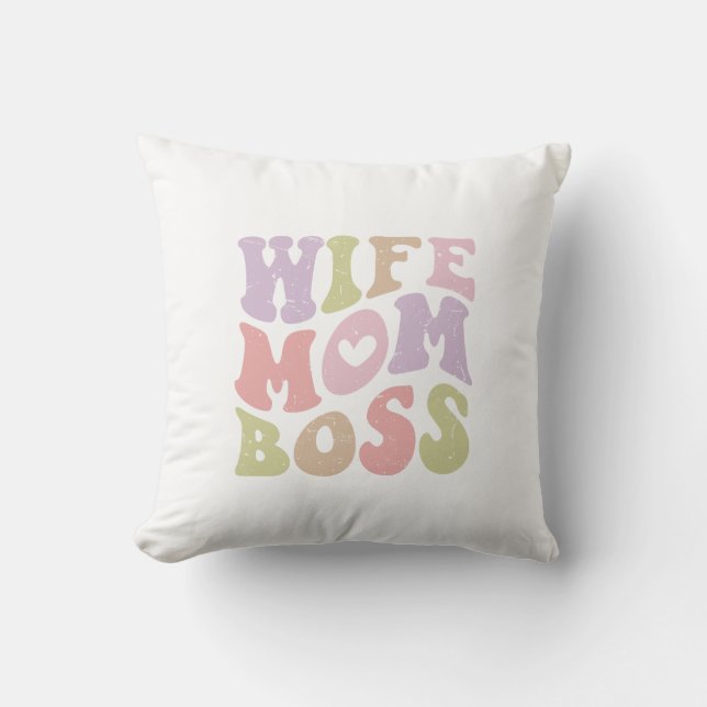Wife Mom Boss Retro Script Groovy Mother's day  Throw Pillow (Front)