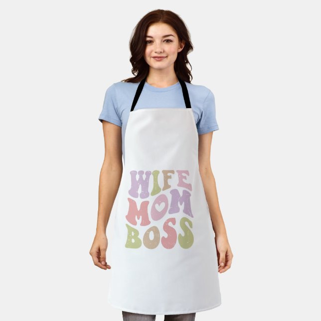 Wife Mom Boss Retro Script Mother's day  Apron (Worn)