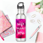 Wife Mom Boss Trendy Script Typography Hot Pink Stainless Steel Water Bottle<br><div class="desc">“Wife. Mom. Boss.” You know she runs the household and keeps everyone in line. Give her the down time she deserves whenever she uses this colorful, sassy, inspirational water bottle. With bold, white handwriting script on a purple pink bokeh background, this unique stainless steel bottle will help jump start her...</div>