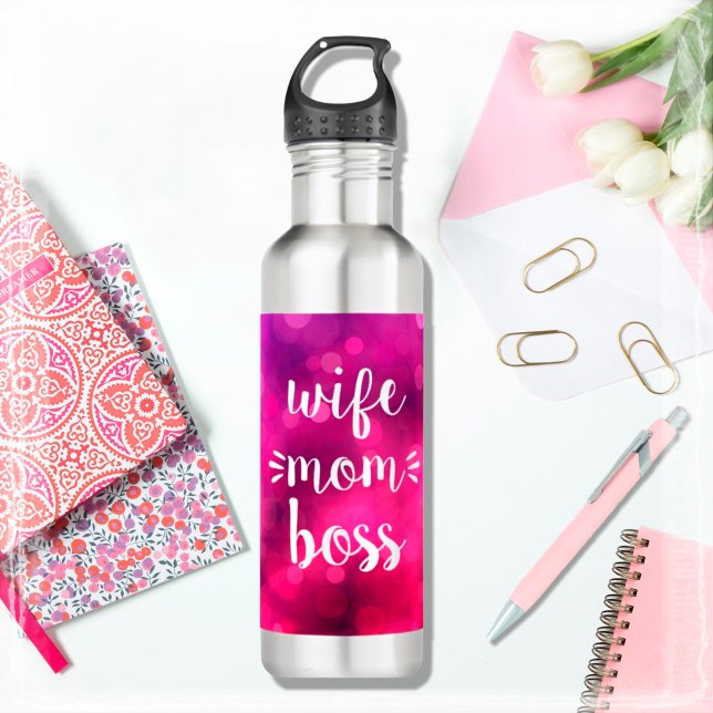 Wife Mom Boss Trendy Script Typography Hot Pink Stainless Steel Water Bottle (Creator Uploaded)