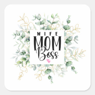 Wife mom boss water colour leaves mother’s day square sticker