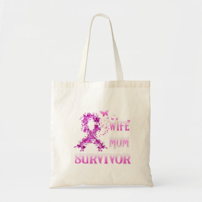 Wife Mom Survivor Breast Cancer Awareness Pink Rib Tote Bag (Front)