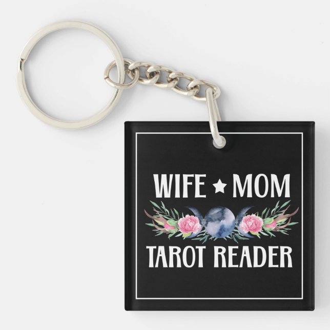 Wife Mom Tarot Reader Flowers Moon Antlers Boho Keychain (Front)