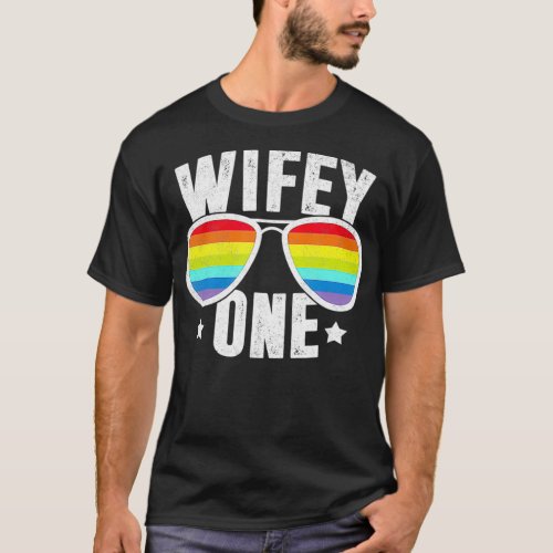Wife One Two Brides LGBT Lesbian Wedding Rainbow M T_Shirt