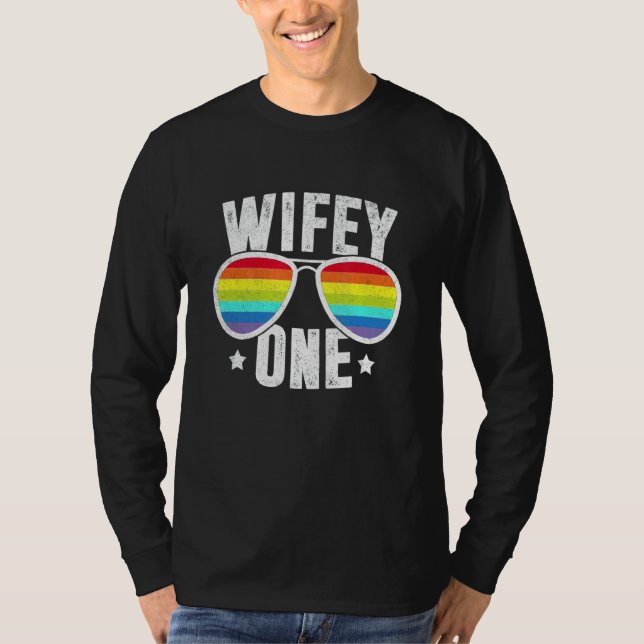 Wife One Two Brides Lgbt Lesbian Wedding Rainbow M T-Shirt (Front)