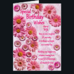 Wife Special Birthday Wishes Pink Daisies Cards<br><div class="desc">A beautiful birthday card for a wife. A wonderful birthday card full of pink daisies. A lovely heartfelt verse completes the lovely feeling this card brings. Send sincere birthday wishes to someone special.</div>