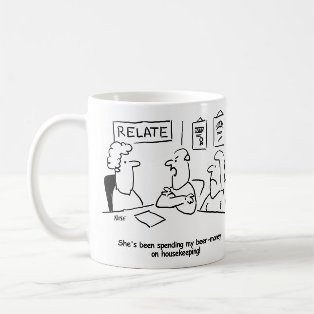 Wife spends husband's beer money on housekeeping coffee mug (Left)
