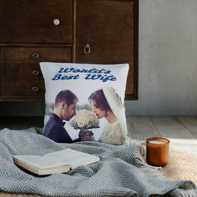 Wife with blue text photo throw pillow (Creator Uploaded)