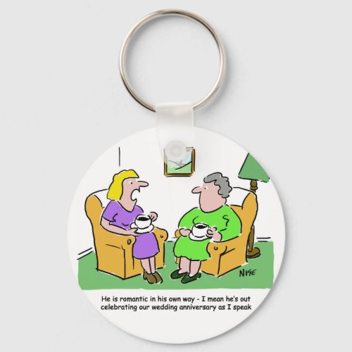 Wife with Friend Discussing Husband Funny Cartoon Keychain