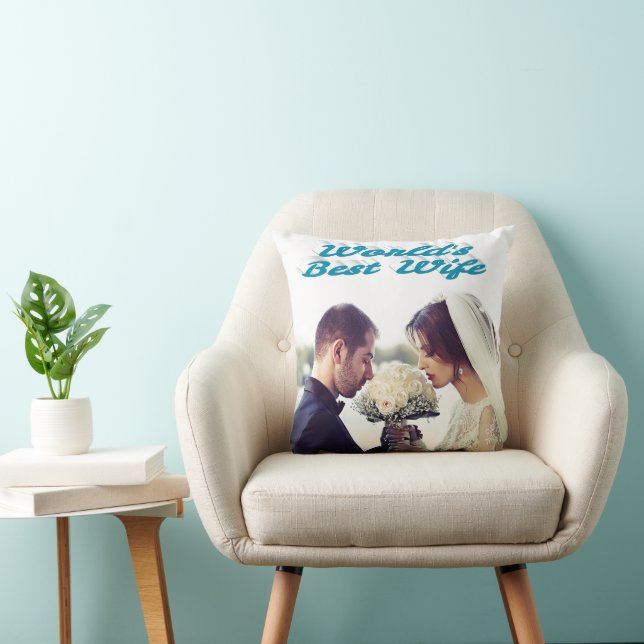 Wife with sky blue text photo throw pillow (Chair)