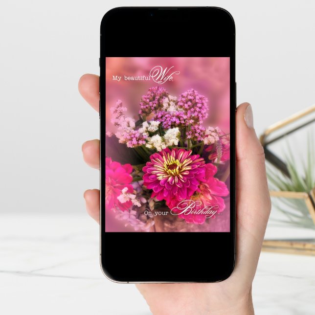 Wife's Birthday Feminine Pink Floral Bouquet Card (Front Digital)
