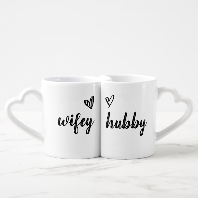 wifey and hubby hand drawn heart black coffee mug set (Front Nesting)