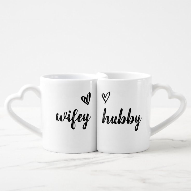 wifey and hubby hand drawn heart black coffee mug set | Zazzle