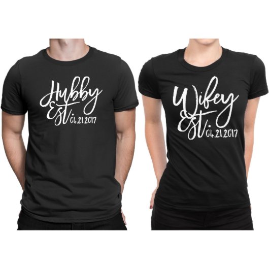Wifey and Hubby Script Est. Cute Matching Shirts (Front)