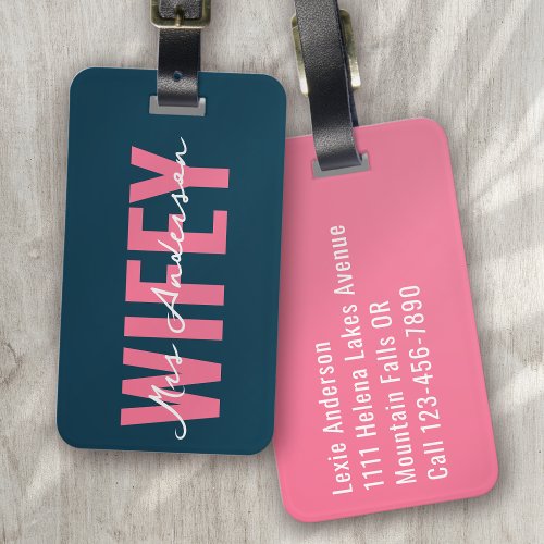 Wifey Blue Pink Monogram Script Luggage Tag