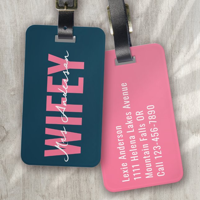 Wifey Blue Pink Monogram Script Luggage Tag (Creator Uploaded)