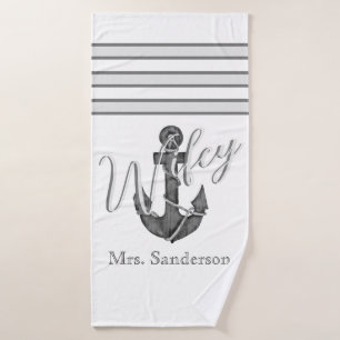 Wifey Bride Nautical Silver Gray Anchor Bath Towel