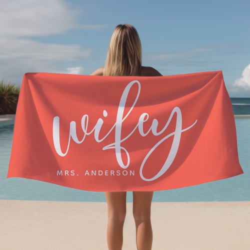 Wifey Coral And White Newlywed Bride Beach Towel