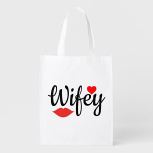 Wifey Elegant Script Red lips & Heart Grocery Bag