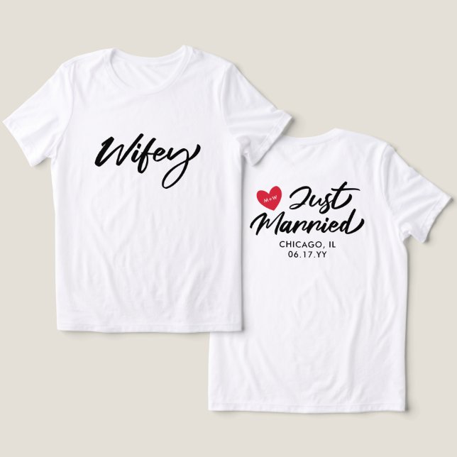 Wifey Just Married Red Heart Initials Wedding Tri-Blend Shirt (Design Front & Back)