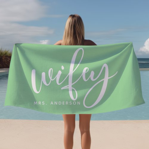Wifey Mint Green And White Newlywed Bride Beach Towel