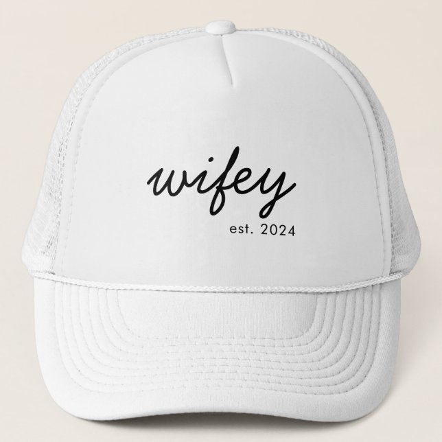 Wifey Modern Minimalist Script Personalized Bride Trucker Hat (Front)