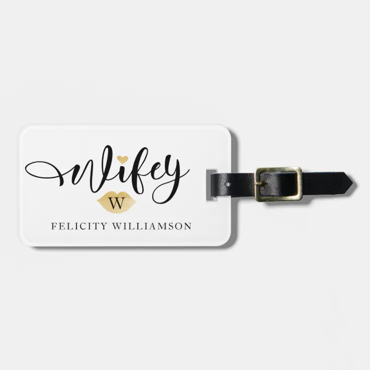 Wifey | Mrs Black & Gold Script Newlyweds Monogram Luggage Tag | Zazzle