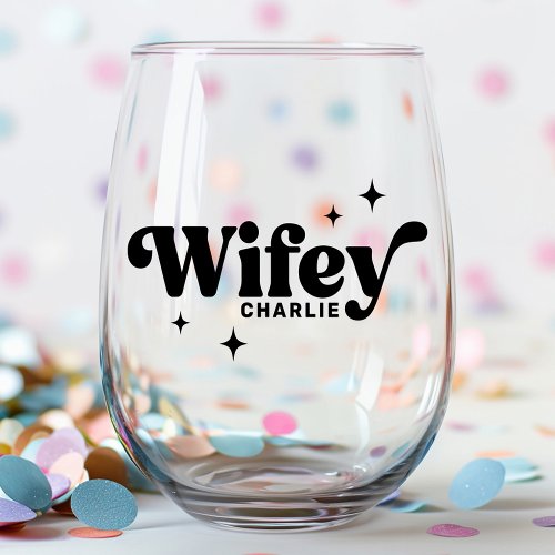 Wifey name any color retro font stemless wine glass