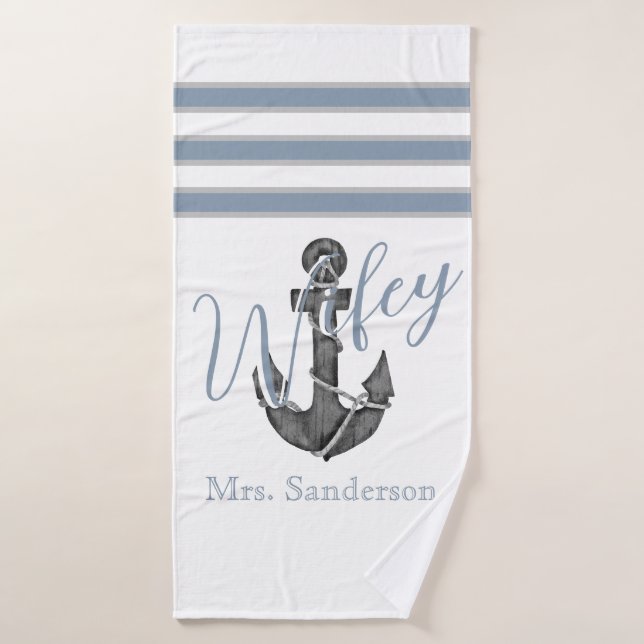 Wifey Nautical Monogram Dusty Blue Anchor Beach Bath Towel (Bath Towel)