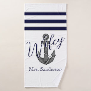Wifey Nautical White and Navy Blue Anchor Beach Bath Towel