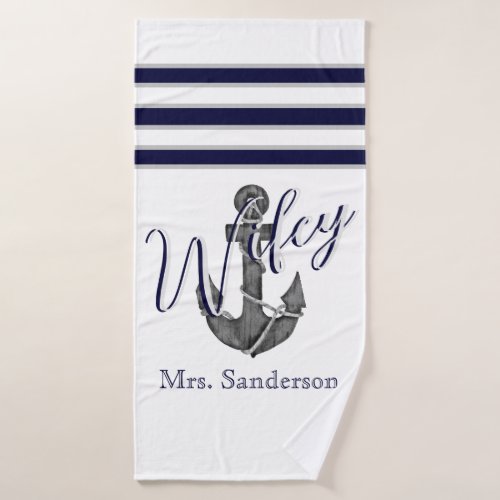 Wifey Nautical White and Navy Blue  Anchor  Beach Bath Towel