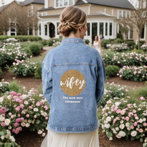 Wifey New Mrs Name Gold Glitter Bride Denim Jacket