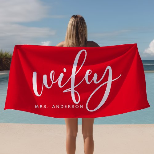Wifey Red And White Newlywed Bride Beach Towel