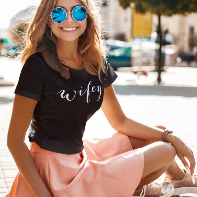 Wifey White Modern White Script Black Womens T-Shirt (Creator Uploaded)