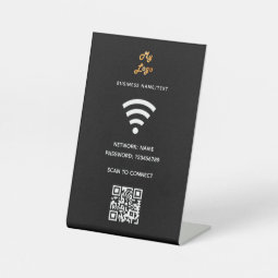 Wifi business logo qr code scan to connect black pedestal sign | Zazzle