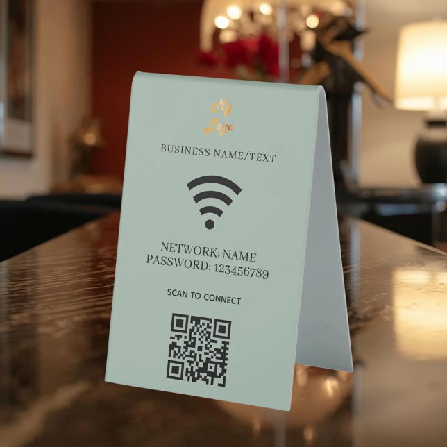 Wifi business logo qr code scan to connect green table tent (Creator Uploaded)