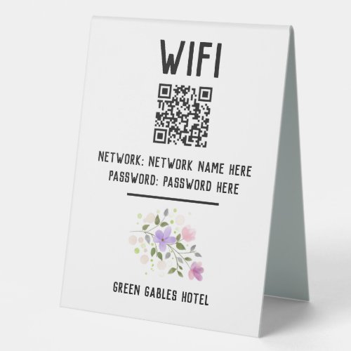 WiFi Code With QR Code  Floral Design Table Tent Sign