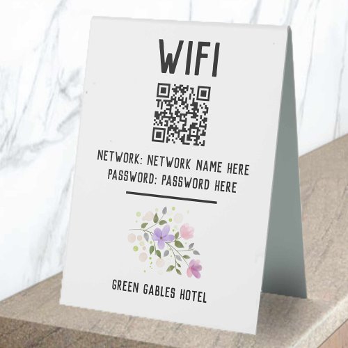 WiFi Code With QR Code  Floral Design Table Tent Sign