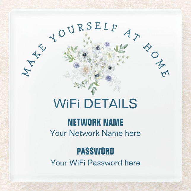 WiFi Details For Visitors Florals Typography Glass Coaster (Front)