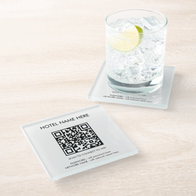 WIFI Details QR Code Hotel Name Simple Glass Coaster (Angled)