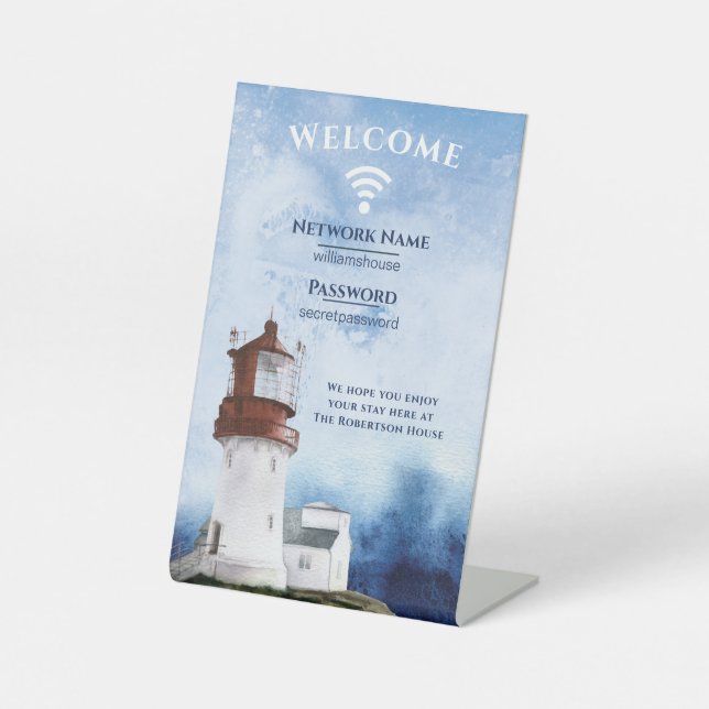 WiFi Internet Password Beach Light House Pedestal  Sign (Front)