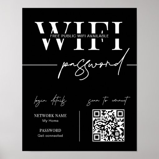 WIFI Network Password QR Code Black Minimalist Poster | Zazzle