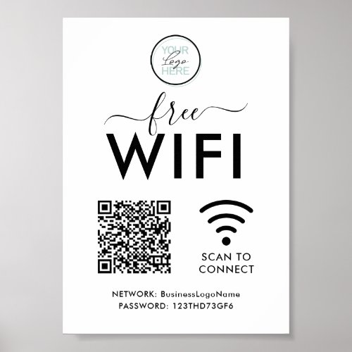 WIFI Network Password QR Code Poster - Free WIFI business company poster featuring your logo, a QR code for you to replace with your own, and your wifi network and password details.