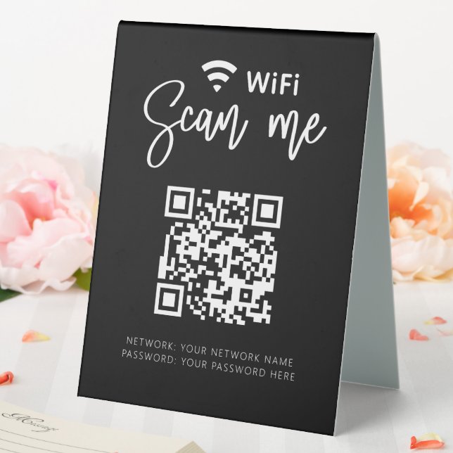 Wifi Network QR Code Black Modern Business Table Tent (In SItu (Wedding))
