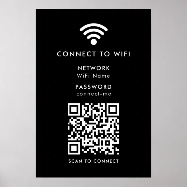 Wifi Network | QR Code Internet Password Black Poster | Zazzle