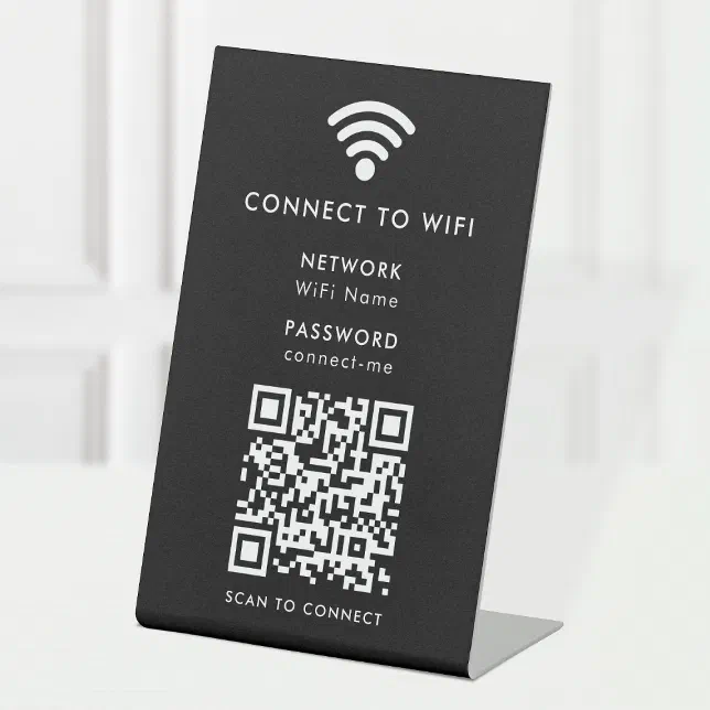 Wifi Network QR Code Scan to Connect Modern Black Pedestal Sign | Zazzle