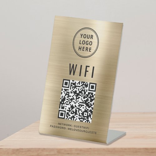Wifi QR Code Business Logo Scan To Connect Gold Pedestal Sign
