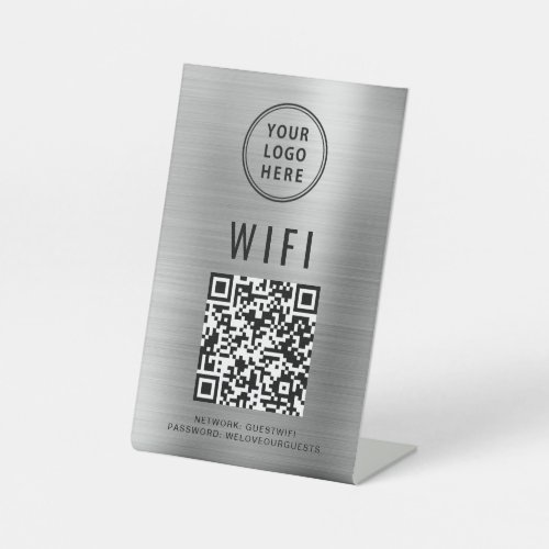 Wifi QR Code Business Logo Scan To Connect Silver Pedestal Sign