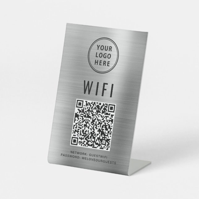 Wifi QR Code Business Logo Scan To Connect Silver Pedestal Sign (Front)